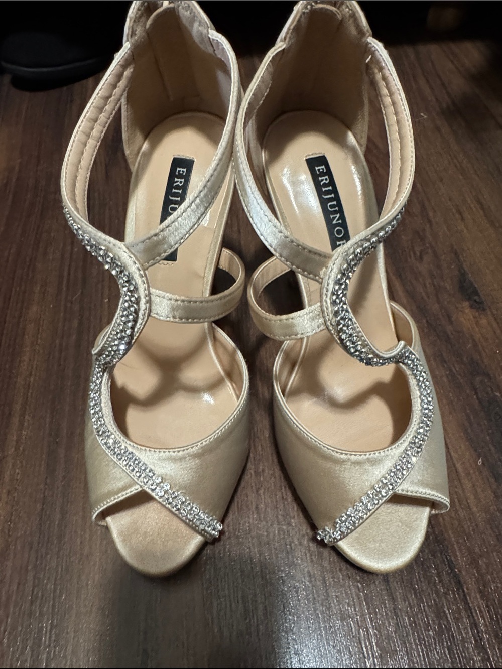 Eri Junior Women's Gold Satin Rhinestone Dress Heels